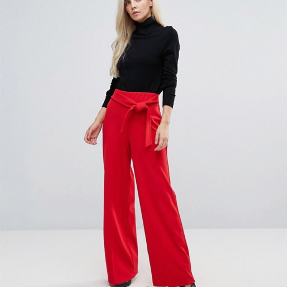 ASOS petite red pants, high waisted and wide leg